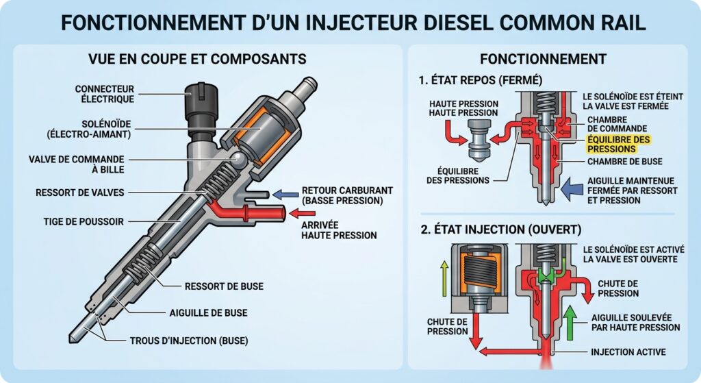Schéma de fonctionnement d'un injecteur diesel common rail